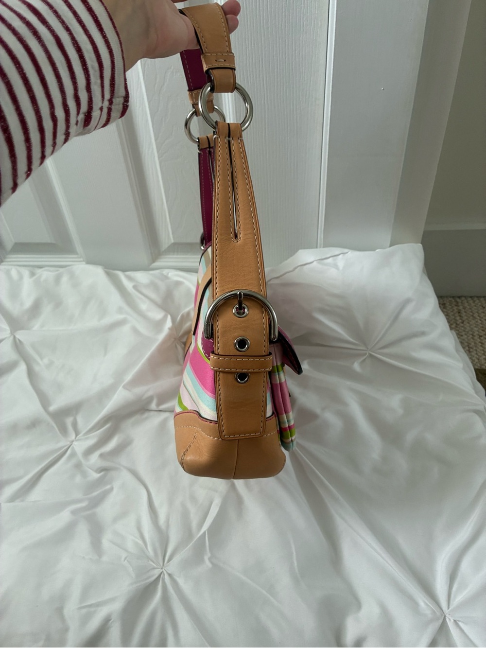 Coach Pink Striped Shoulder Bag with Tan Trim - Picture 3 of 6